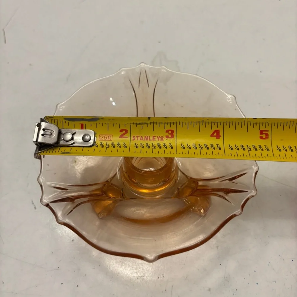 VINTAGE PINK FOSTORIA DEPRESSION GLASS CANDLESTICK HOLDERS, TRI-FOOTED
